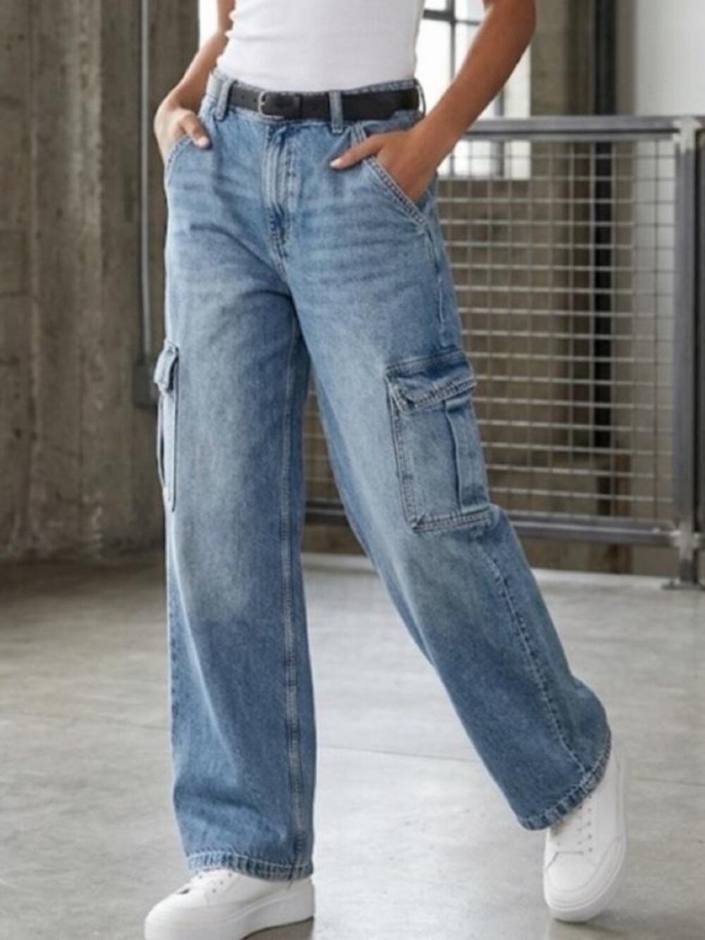 H&M Divided Blue Denim Baggy Fit Cargo Jeans